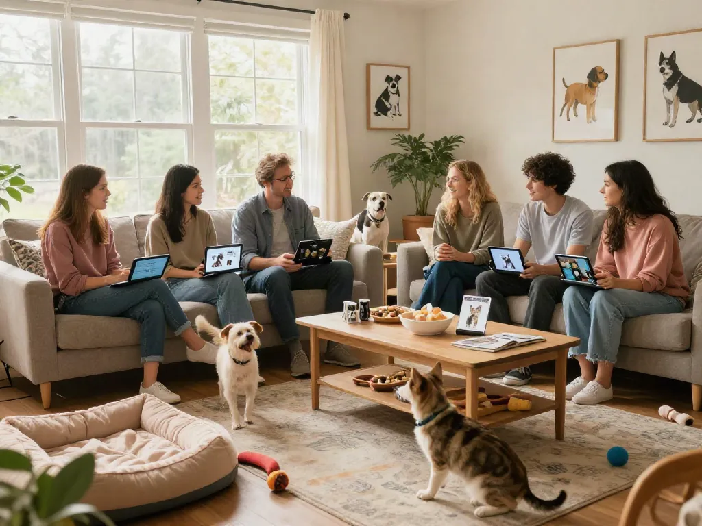 Community gathering discussing rokok88 login for pet care tips in a cozy setting.