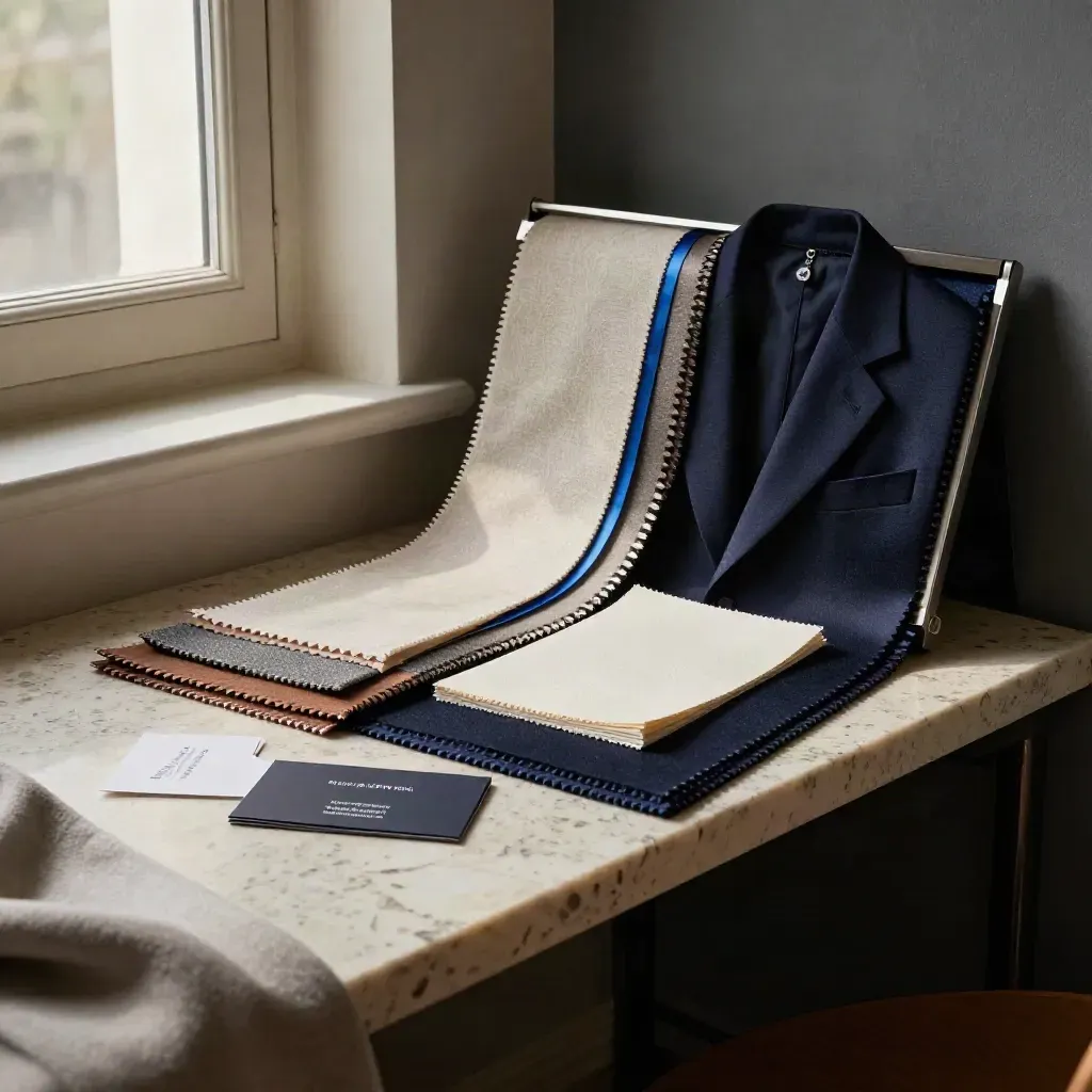 Swatches, Papier und Navy-Blazer auf Steinsims im Atelier