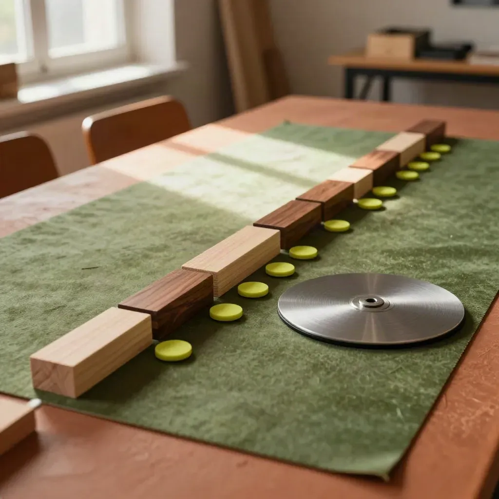 Workshop-Setup mit Holzblöcken, Lime-Tokens und Zeitscheibe auf Filztisch im warmen Licht