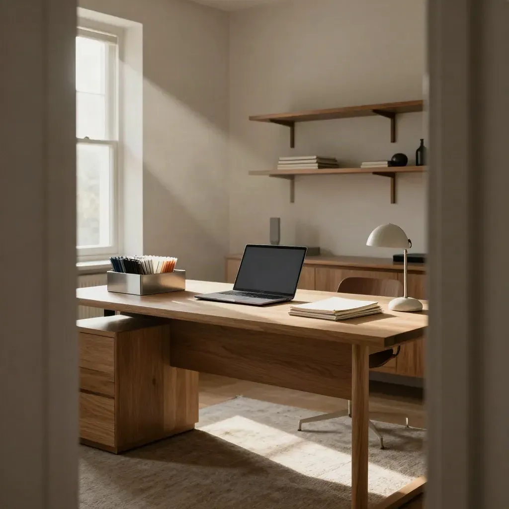 Dawn-aufgeräumtes Homeoffice mit geschlossenem Laptop, Ablagetablett und leuchtendem Notizstapel.