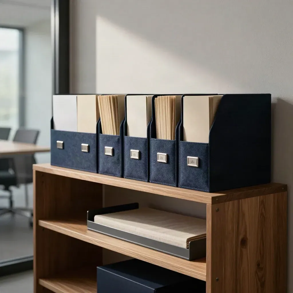 Ordentliches Agenturregal mit navy Boxen und sortierten Ordnern im warmen Licht.