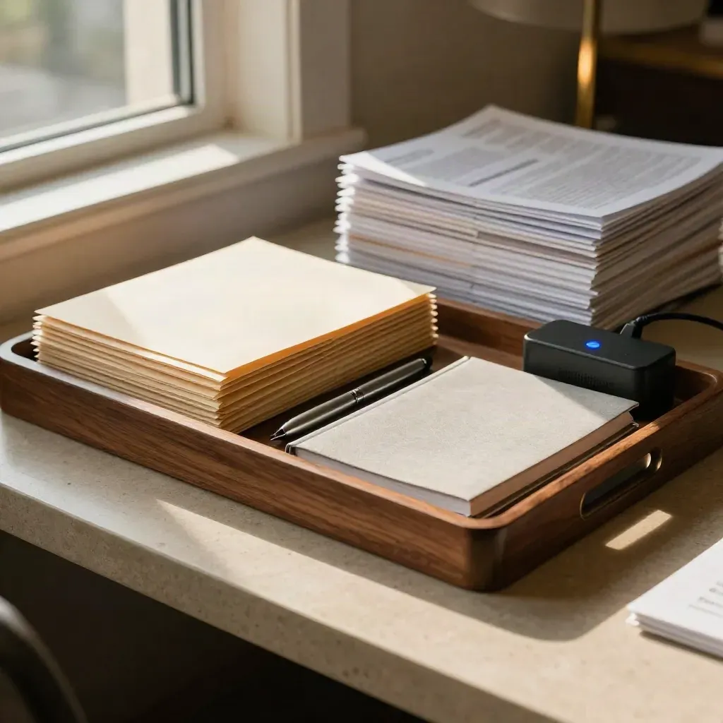 Warmes Response-Tablett mit Briefen, Buch, Stift und Dock in ruhigem Beratungsbüro.