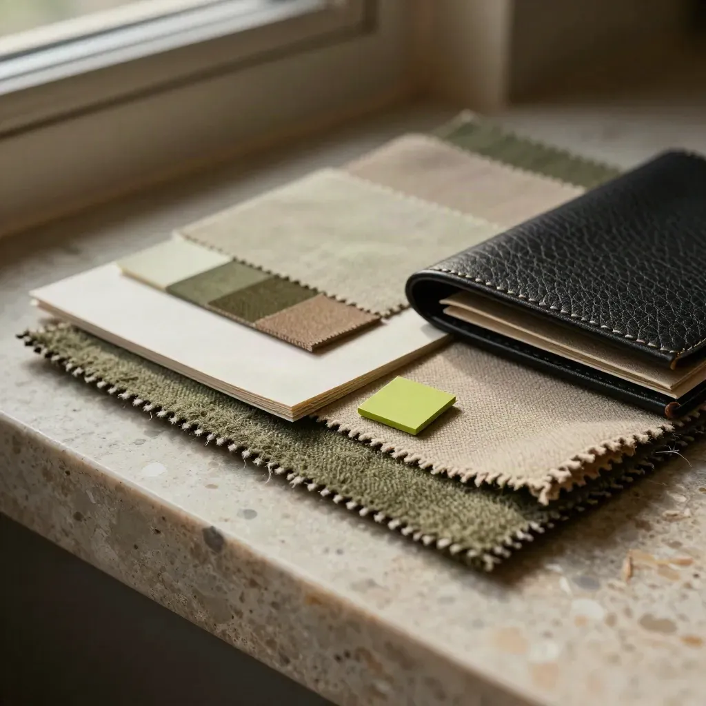 Materialboard mit Stoff, Papier und Farbchips auf Stein, mit limengrünem Akzent.