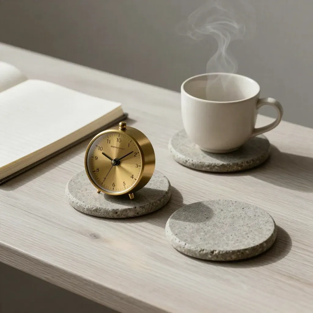Brass-Timer, Steinuntersetzer, Notizbuch und Tasse auf hellem Holz im sanften Seitenlicht.