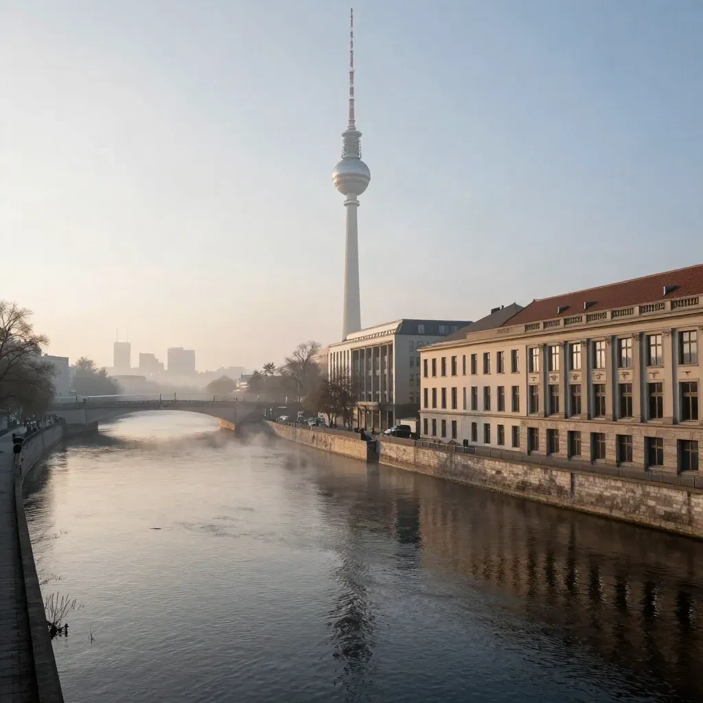 Berliner Skyline im Morgennebel mit Fernsehturm über ruhigem Spreewasser.