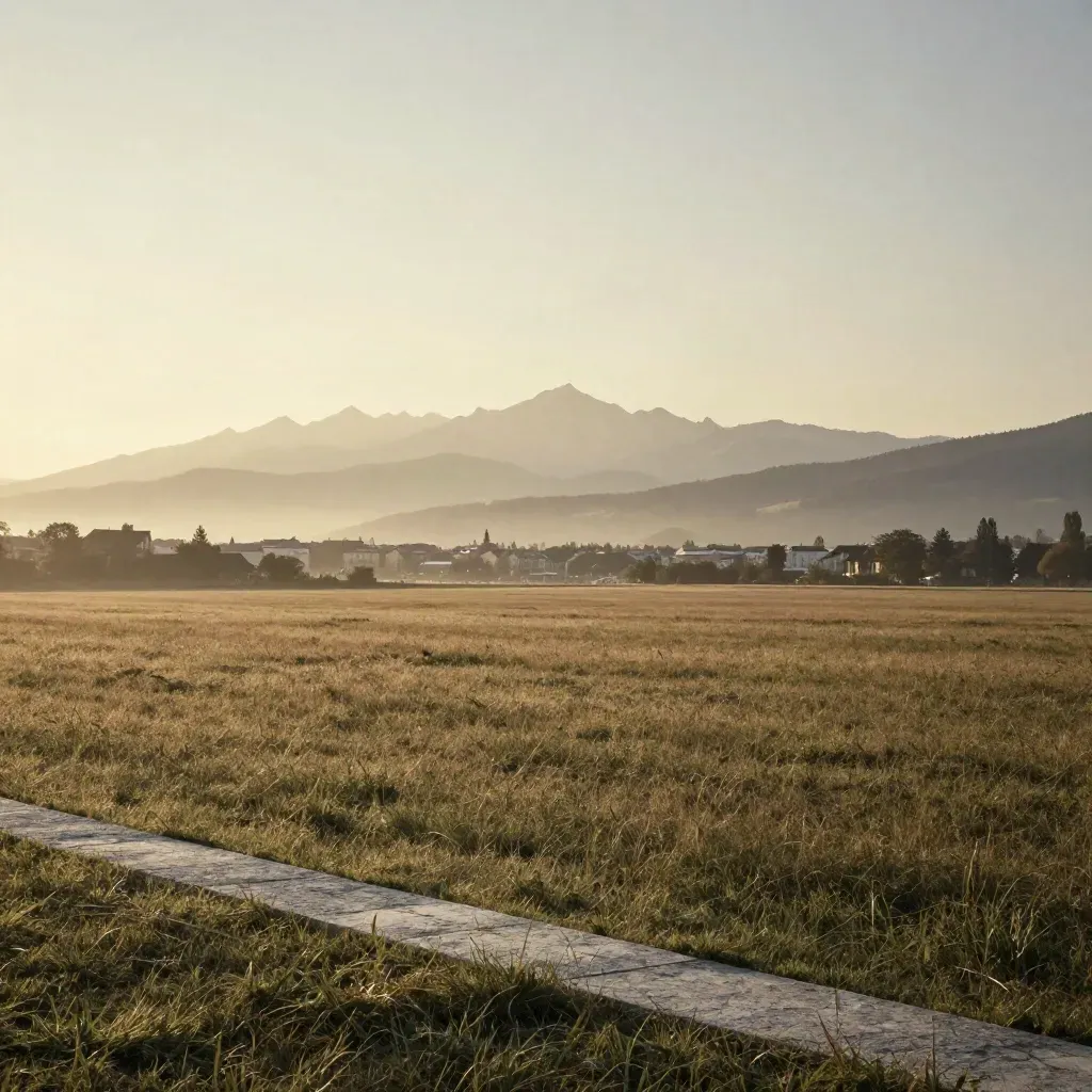 Weite Münchner Landschaft mit Alpenhauch und ruhiger Wiese im Vordergrund